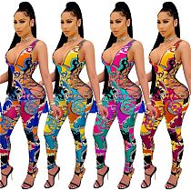 MOEN Latest Design Summer Women Clothes One Piece Jumpsuits Sexy Hollow Out Print Bandage Bodycon Jumpsuit For Women