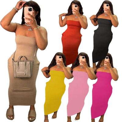 MOEN Hot Sale Summer Solid Color Strapless Hight Elastic Sexy Women Bodycon Dress Ladies Evening Dress
