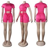 MOEN Fashion Casual Sports Suit Summer Leisure Suit Solid Color Crop Top And Pants Women Two Piece Short Set