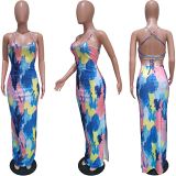 MOEN Hot Onsale 2021 Women Clothes Spaghetti Strap Print Slit Sexy Evening Dresses Women Lady Elegant Casual Dress