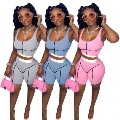 MOEN Newest Design 2021 Women Clothing Solid Color Rib Casual Tracksuit Short Set Two Piece Outfits 2 Piece Sets