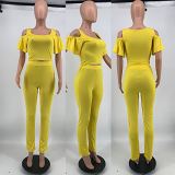 MOEN Best Seller Women Clothes 2021 Summer Solid Color Off the Shoulder Crop Top And Pants Set women 2 Piece Set Clothing