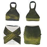 MOEN Newest Design 2021 Summer Crop Top and Skirt Set Sexy Mesh Splice Halter Velvet Women 2 Piece Skirt Set