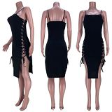 MOEN Latest Design 2021 Bandage Solid Color Spaghetti Strap Night Clubwear Evening Bodycon Dress Women Elegant Casual Dresses