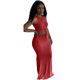 MOEN New Arrival 2021 Summer Pleated Floor Length Dress Set Solid Color Top And Skirts Set Rib Women 2 Piece Skirt Set