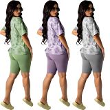 MOEN New Arrival 2021 Summer 2 Piece Short Set Tie Dye Print Casual Sports Suit Tracksuit Homewear Womens Two Piece Set