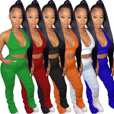 MOEN Best Seller 2021 Summer Fashion Clothing Ladies Stacked Pants Set Sexy Backless Halter Womens Two Piece Set