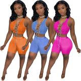 MOEN Summer 2021 Women Clothing Solid Color Tank Top And Pants Set Sexy Hollow Out Bandage Womens Two Piece Set