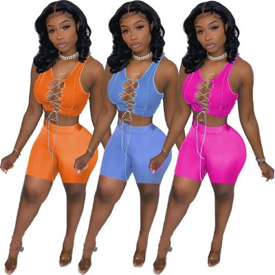 MOEN Summer 2021 Women Clothing Solid Color Tank Top And Pants Set Sexy Hollow Out Bandage Womens Two Piece Set