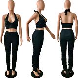 MOEN Best Seller 2021 Summer Fashion Clothing Ladies Stacked Pants Set Sexy Backless Halter Womens Two Piece Set