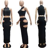 MOEN Latest Design Women Clothing 2021 Solid Color Sexy Holes Sleeveless Zipper Top And Skirt Set Women Two Piece Skirt Set