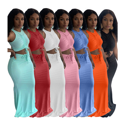 MOEN New Arrival 2021 Summer Pleated Floor Length Dress Set Solid Color Top And Skirts Set Rib Women 2 Piece Skirt Set