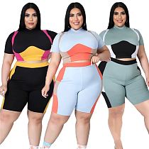MOEN Hot Sale 2021 Summer Sports Suit Plus Size Women Clothing contrast color Splice Large Size Women 2 piece short set