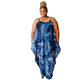 MOEN Latest Design 2021 Summer plus size women clothing Tie Dye spaghetti strap Asymmetric Fat Women Casual Dress