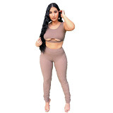 MOEN Summer 2021 Solid Color High Elastic Tank Top And Pants Set Sleeveless Rib 2 Piece Clothing Womens Two Piece Set