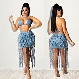 MOEN New Style 2021 Summer Women Clothing Manual weaving rope Denim Skirt Set Tassel Skirt Sets Women 2 Piece Outfits