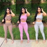 MOEN Summer 2021 Solid Color High Elastic Tank Top And Pants Set Sleeveless Rib 2 Piece Clothing Womens Two Piece Set