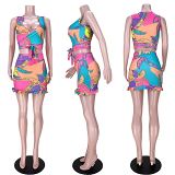 MOEN Latest Design Sexy Clubwear Geometric Print Bandage pleated skirt Set Women Summer Outfits 2 Piece Skirt Set