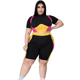 MOEN Hot Sale 2021 Summer Sports Suit Plus Size Women Clothing contrast color Splice Large Size Women 2 piece short set
