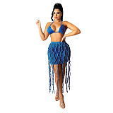 MOEN New Style 2021 Summer Women Clothing Manual weaving rope Denim Skirt Set Tassel Skirt Sets Women 2 Piece Outfits