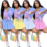MOEN Hot Selling womens clothing 2021 Summer Stripe Shirt And pleated skirt Set Casual Two Piece Skirt Set
