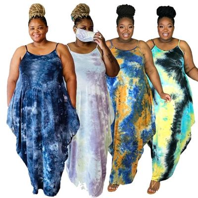 MOEN Latest Design 2021 Summer plus size women clothing Tie Dye spaghetti strap Asymmetric Fat Women Casual Dress