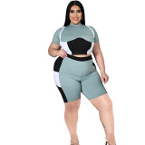 MOEN Hot Sale 2021 Summer Sports Suit Plus Size Women Clothing contrast color Splice Large Size Women 2 piece short set