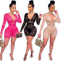 MOEN New Arrival Sexy Club Perspective Corset Lace Shorts Jumpsuit V Neck Long Sleeve One Piece Jumpsuits