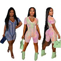 MOEN High Quality Stripe Printed Rompers Womens Jumpsuits 2021 Short Sleeve Bodycon One Piece Jumpsuits