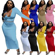 MOEN Best Seller Streetwear 2 Piece Set Women Clothing Women Solid Color V Neck Long Sleeve Two Piece Casual Skirt Set