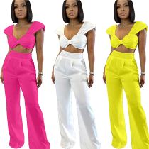MOEN Trendy 2021 Solid Color 2 Piece Set Women Summer Bow Tops Wide Leg Pants Two Piece Set Women Clothing