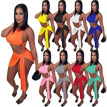 MOEN New Arrival Sexy Drawstring Two Piece Sets Women Summer Crop Top Asymmetrical 2 Piece Skirt Set