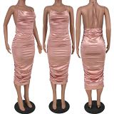 MOEN High Quality Solid Color Bodycon Dress Women Stylish Sexy Hanging Neck Backless Ruched Cocktail Dresses