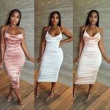 MOEN High Quality Solid Color Bodycon Dress Women Stylish Sexy Hanging Neck Backless Ruched Cocktail Dresses
