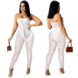 MOEN Fashionable Eyelet Bandage Womens Jumpsuits Summer Strapless Pleated Mesh Transparent Jumpsuit For Women