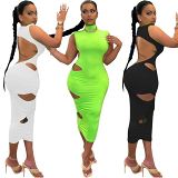 MOEN Fashionable Solid Color Hollow Out Dresses Women 2021 Women Backless Maxi Casual Bodycon Long Dresses