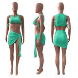 MOEN New Arrival Sexy Drawstring Two Piece Sets Women Summer Crop Top Asymmetrical 2 Piece Skirt Set