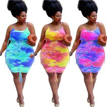 MOEN Latest Design Streetwear Spaghetti Strap Plus Size Bodycon Dress Women Tie Dye Draped Elegant Casual Dresses