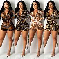 MOEN Hot Selling Trendy Print Sexy Jumpsuits Club Wear Buttons Belt Summer Romper Drawstring Bodycon Jumpsuits