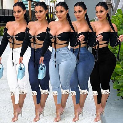MOEN Best Design Casual Solid Color Tassel Woman Calf Length Pants 2021 Womens Summer Plus Size Pants Jeans For Woman
