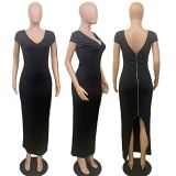 MOEN Latest Design Solid Color V Neck Dresses Women 2021 Summer Woman Zippers Split Stylish Sexy Dress