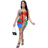 MOEN Hot Sale Sexy Club Print Womens Two Piece Set Summer Bandage Hollow Out Women Outfits 2 Piece Skirt Set