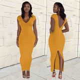 MOEN Latest Design Solid Color V Neck Dresses Women 2021 Summer Woman Zippers Split Stylish Sexy Dress