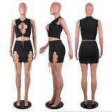 New Arrival 2021 Summer Fashion Women Sexy Sleeveless Crop Top Hollow Out Metal Chain Style 2 Piece Skirt Set