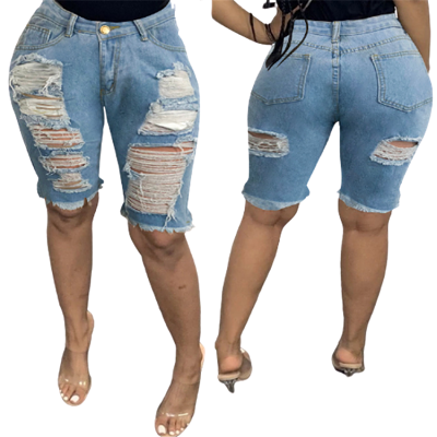 MOEN New Trendy Streetwear Knee Length Pants Woman Jeans 2021 Ripped Jeans Fabric Shorts For Women