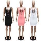 MOEN Lowest Price 2021 Women Clothing Club Dress Sleeveless Sexy Hollow Out Solid Color Women Elegant Casual Dresses
