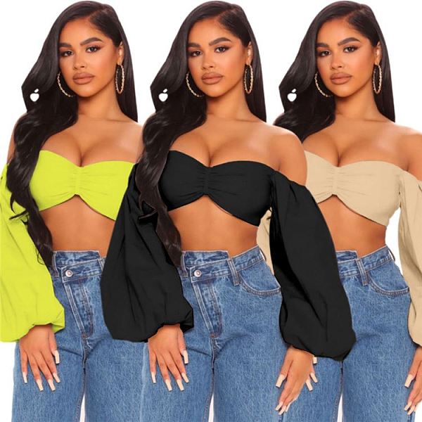 MOEN Fashionable 2021 Streetwear Woman Sexy Tops Off The Shoulder Backless Solid Color Puff sleeve Women Crop Top