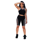 MOEN Latest Design 2021 Casual Sports Suit Solid Color Mesh Splice Tank Top And Pants Set Women Two Piece Short Set Clothing