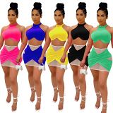 MOEN Hot Sale 2021 Women Clothing Summer skirt and top set Halter Solid Color Sexy Mesh Splice Women Two piece Skirt set