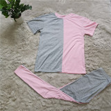 MOEN Wholesale New Solid Color Patchwork Sports Suit Ladies Two piece pants set Short Sleeve Women 2 piece set clothing